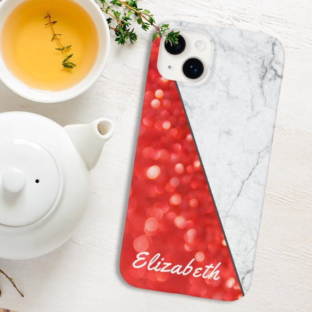 Individuelle Name Coral Glitzer Schwarz-weiß Marmo Case-Mate iPhone Hülle (Von Creator hochgeladen)