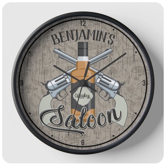 Individuelle Name Cowboy Revolver Gun Whiskey Salo Große Wanduhr (Von Creator hochgeladen)