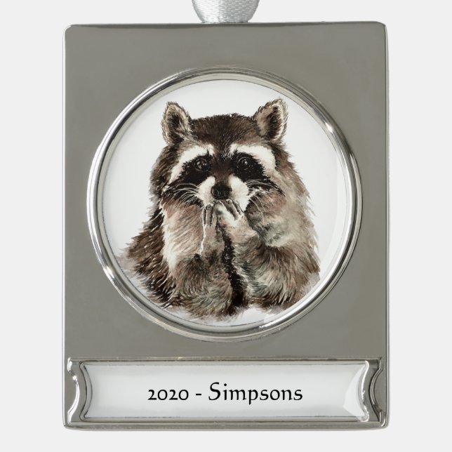 Individuelle Name Datum Niedlich Raccoon Blown Kis Banner-Ornament Silber (Vorderseite)