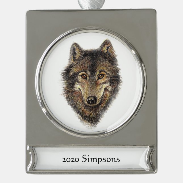 Individuelle Name Datum Wasserfarbe Wolf Tierart Banner-Ornament Silber (Vorderseite)