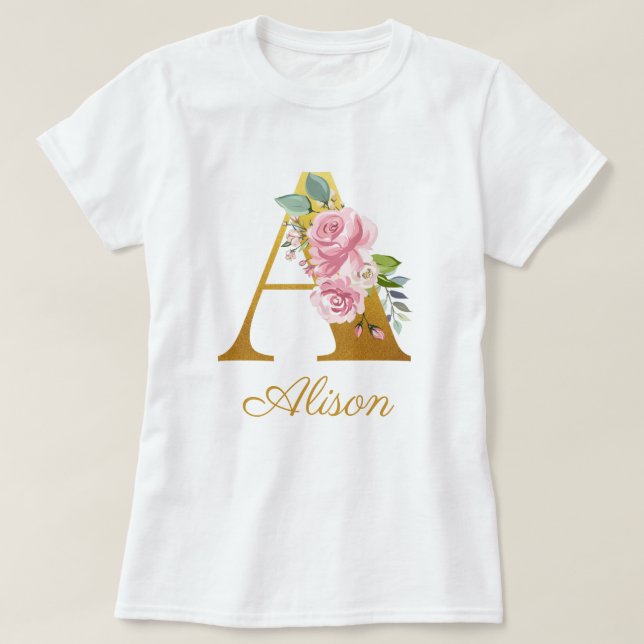 Individuelle Name der floralen Monogramm-Initial-b T-Shirt (Design vorne)