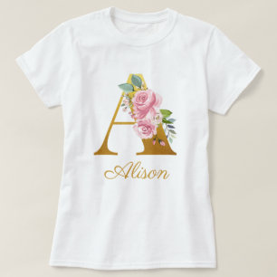 Individuelle Name der floralen Monogramm-Initial T-Shirt