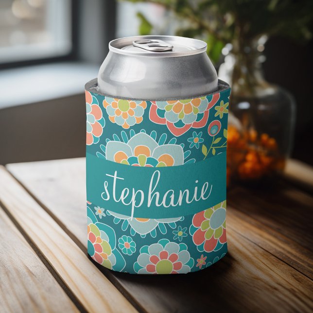 Individuelle Name der Sommerblumenmuster Dosenkühler (Personalized can cooler with a place to add a name or other custom text)