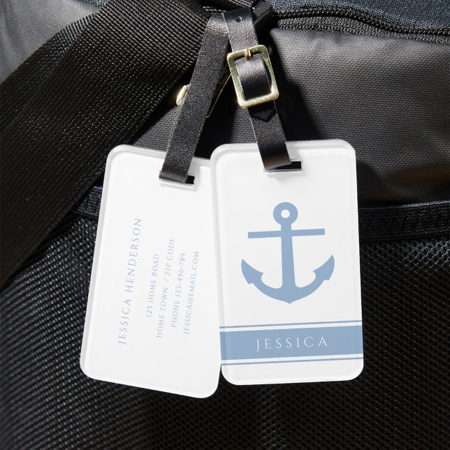 Individuelle Name Dusty Blue Nautical Gepäckanhänger (Modern Blue Nautical Anchor Custom Name Luggage Tag)