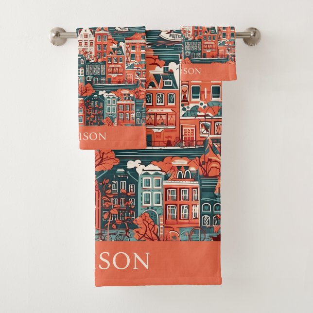 Individuelle Name Dutch Houses Pattern Badhandtuch Set (Insitu)