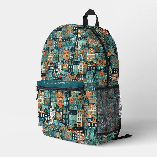 Individuelle Name Dutch Houses Pattern Bedruckter Rucksack (Rückseitige Ecke Rechts)