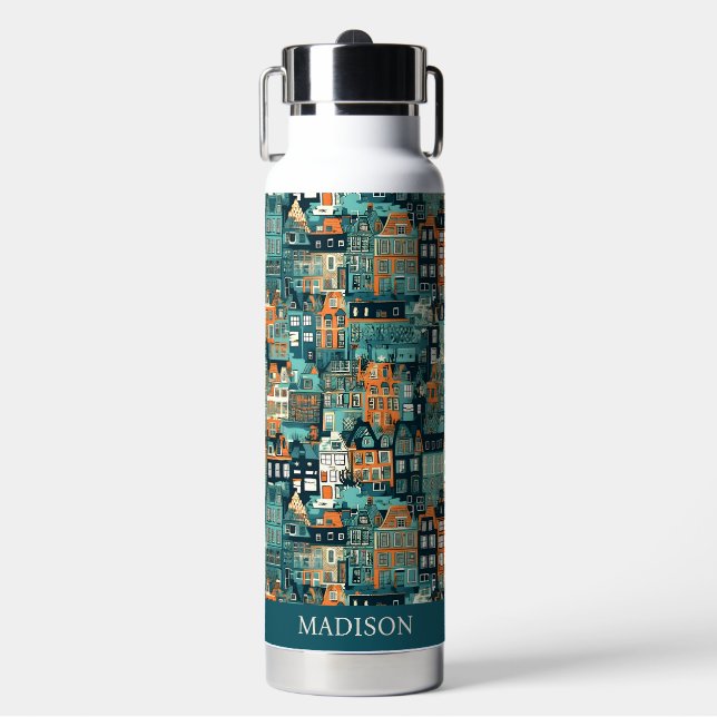 Individuelle Name Dutch Houses Pattern Trinkflasche (Vorderseite)