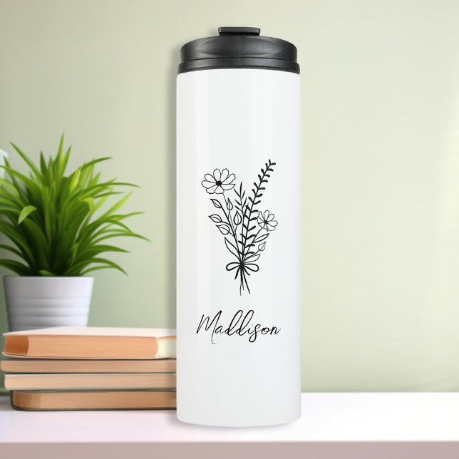 Individuelle Name, Elegante Typografie-Blume Thermosbecher (Custom name, Elegant typography flower bunch Thermal Tumbler Travel mug in minimalist style for her)