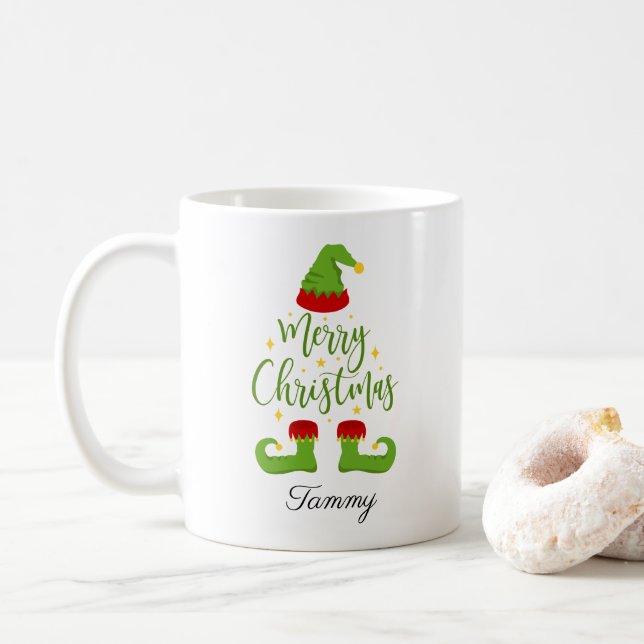 Individuelle Name Elf Frohe Weihnachten Kaffeetasse (Mit Donut)