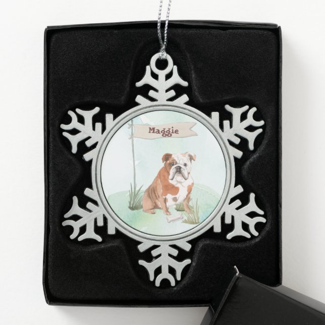 Individuelle Name English Bulldog Pet Hund Schneeflocken Zinn-Ornament (Box)