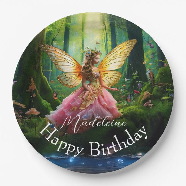 Individuelle Name Fairy Woodland Forest Happy Birt Pappteller (Vorderseite)