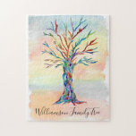 Individuelle Name Family Tree Puzzle<br><div class="desc">Individuelle Name Familienbaum Puzzle. Dieses stilvolle Puzzle ist mit einem farbenfrohen Familienbaum-Design auf Aquarell-Hintergrund dekoriert. Passen Sie es mit Ihrem Familiennamen an. Der Baum wurde ursprünglich aus Mosaik mit winzigen Teilen aus farbigem Glas hergestellt. Original Mosaik © Michele Davies.</div>