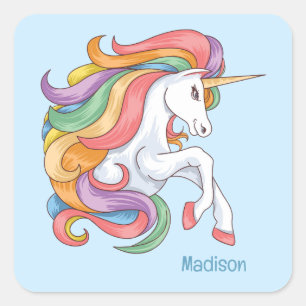 Individuelle Name Farbenfrohe Einhorn Quadratischer Aufkleber