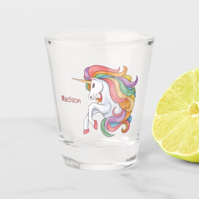 Individuelle Name Farbenfrohe Einhorn Schnapsglas (Vorderseite)