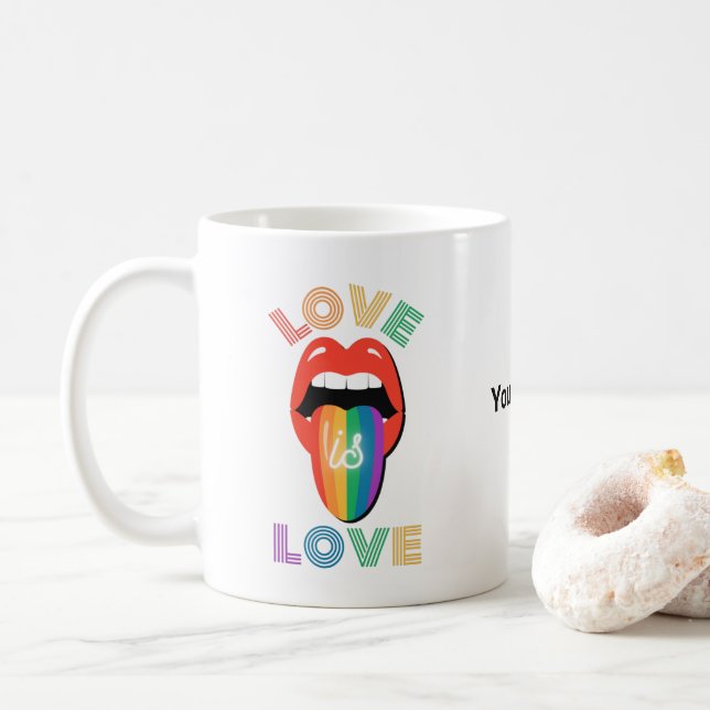 Individuelle Name farbenfrohe LGBTQ Monat Kaffeetasse (Mit Donut)