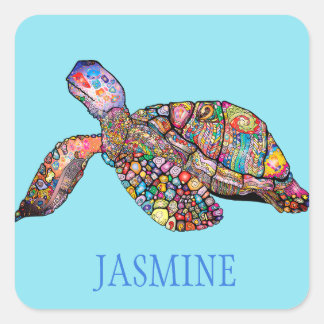 Individuelle Name/Farbenfrohe Schildkröte Quadratischer Aufkleber