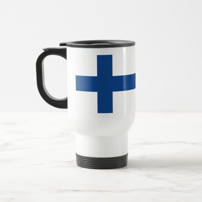 Individuelle Name Finnische Flaggen-Tasse Reisebecher (Links)