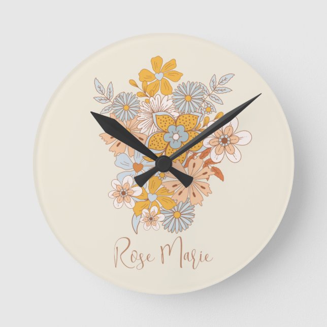 Individuelle Name Floral Boho Kinderzimmer Runde Wanduhr (Vorderseite)