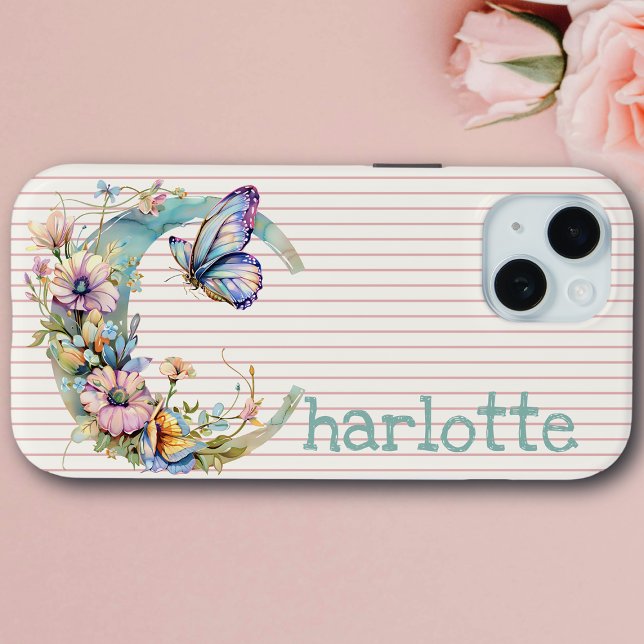 Individuelle Name | Floral Butterfly Initial Paste Case-Mate iPhone Hülle (Von Creator hochgeladen)