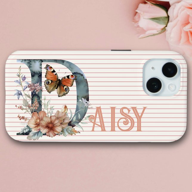 Individuelle Name | Floral Butterfly Initial Peach Case-Mate iPhone Hülle (Von Creator hochgeladen)