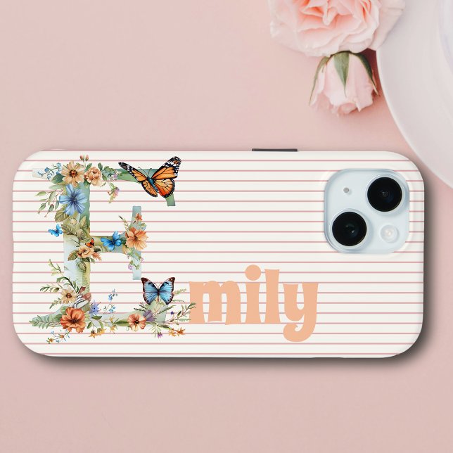 Individuelle Name | Floral Butterfly Initial Peach Case-Mate iPhone Hülle (Von Creator hochgeladen)