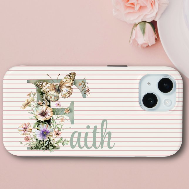 Individuelle Name | Floral Butterfly Initial Sage  Case-Mate iPhone Hülle (Von Creator hochgeladen)