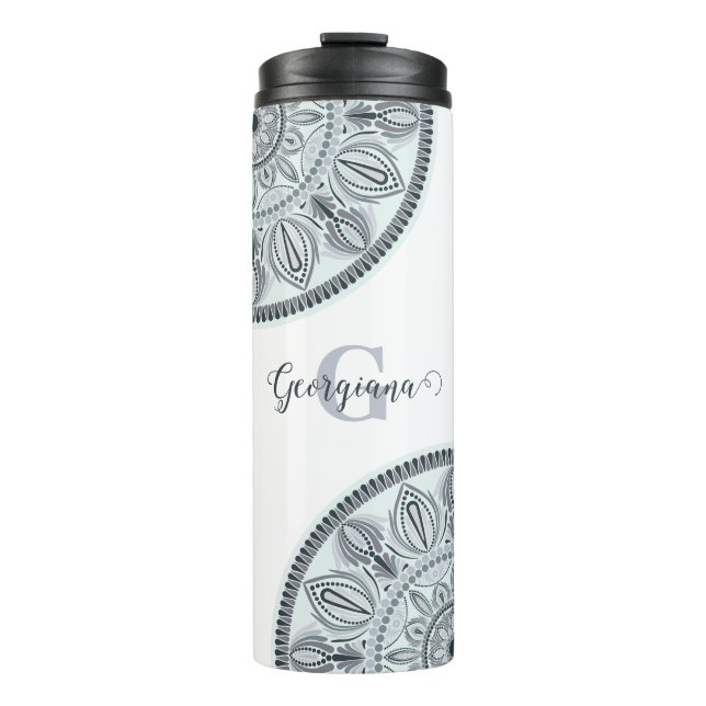 Individuelle Name Floral Harmony Gray Monotone Man Thermosbecher (Vorderseite)