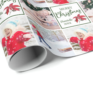individuelle Name & Foto Collage Poinsettia Weihna Geschenkpapier
