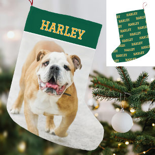 Individuelle Name Foto Retro Typografie Green Gold Kleiner Weihnachtsstrumpf