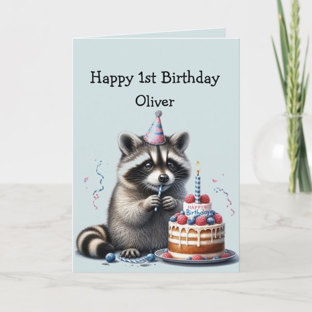 Individuelle Name Fun Raccoon 1. Geburtstag Karte (Vorderseite)