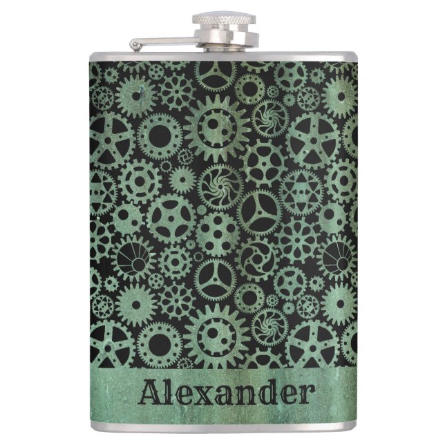 Individuelle Name für große Steampunk-Verdigris-Br Flachmann (Vorderseite)