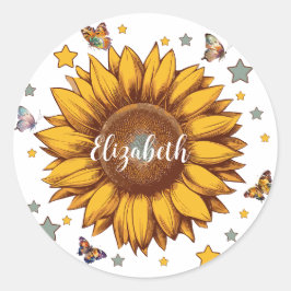 Individuelle Name für Retro-Sonnenblumengeschenk Runder Aufkleber