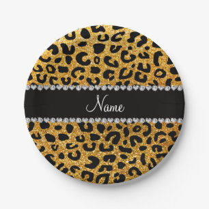 Individuelle Name-Gelb-Glitzer-Cheetah-Druck Pappteller