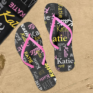 Individuelle Name gelb rosa grau schwarz typografi Flip Flops