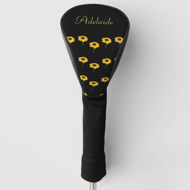 Individuelle Name Gelbe Sonnenblumen auf schwarz Golf Headcover (Vorderseite)