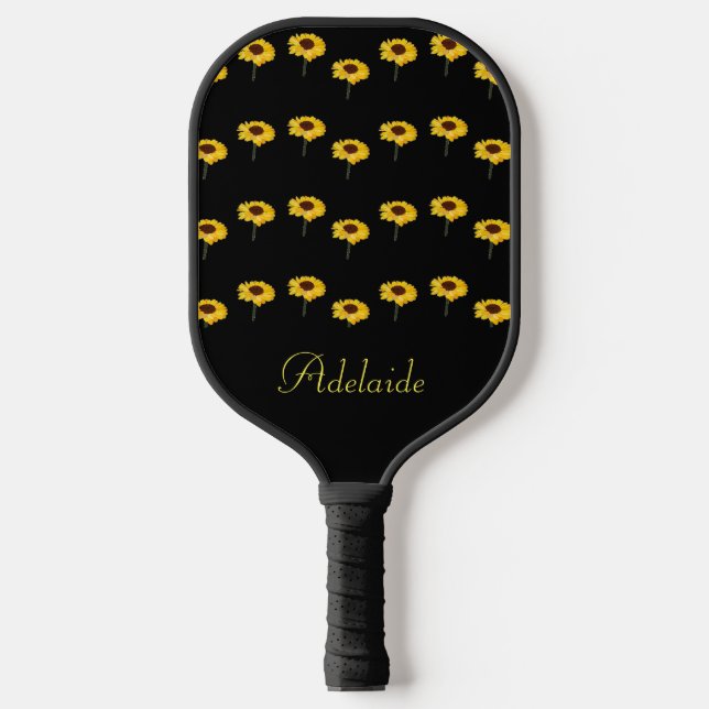 Individuelle Name Gelbe Sonnenblumen auf schwarz Pickleball Schläger (Vorderseite)