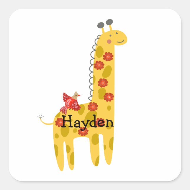 Individuelle Name Giraffe & Bird Blume Gelb Rot Quadratischer Aufkleber (Vorderseite)