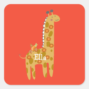 Individuelle Name Giraffe Bird & Blume Gold Orange Quadratischer Aufkleber