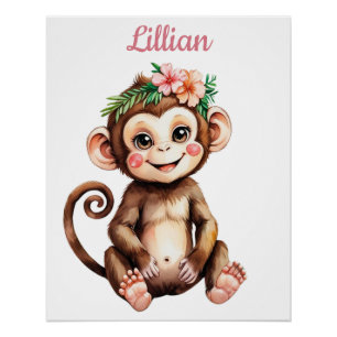 Individuelle Name Girl Kinderzimmer Baby Monkey Poster