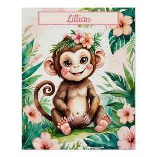 Individuelle Name Girl Kinderzimmer Baby Monkey Poster