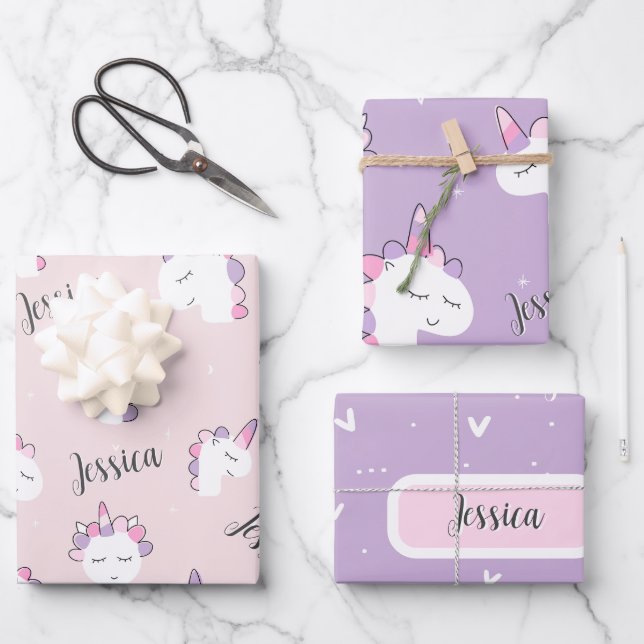 Individuelle Name Girl Unicorn Wrapping Paper Shee Geschenkpapier Set (Vorderseite)