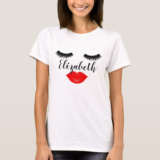 Individuelle Name Girls Lips and Lashes Red T-Shirt (Vorderseite)