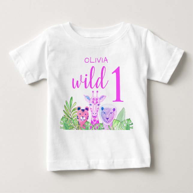 Individuelle Name Girl's Pink Wild One Jungle Anim Baby T-shirt (Vorderseite)