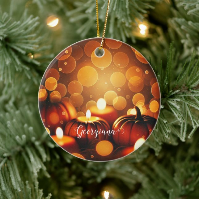 Individuelle Name Glows Pumpkins Autumnal Bokeh-Ef Keramik Ornament (Baum)