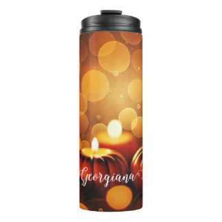 Individuelle Name Glows Pumpkins Autumnal Bokeh-Ef Thermosbecher