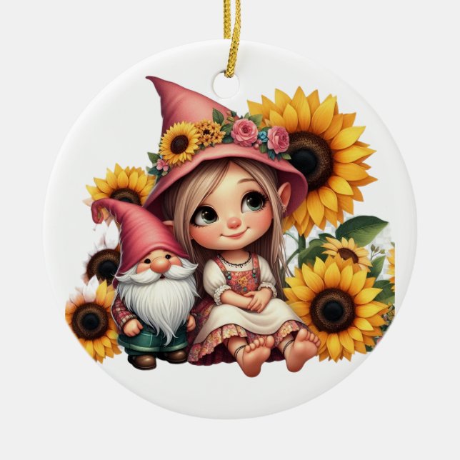 Individuelle Name-Gnome Sonnenblumen Keramik Ornament (Vorne)