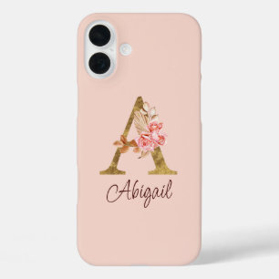 Individuelle Name Goldfolie Rosa Rose Buchstabe A iPhone 16 Plus Hülle
