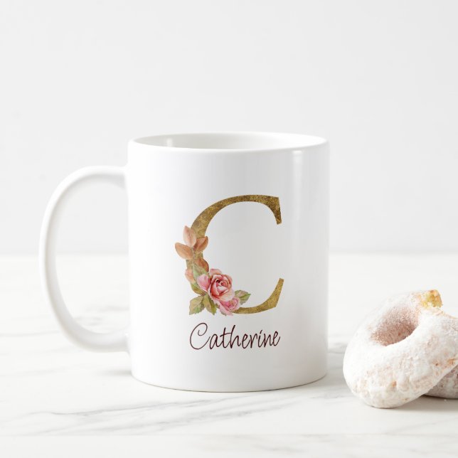 Individuelle Name Goldfolie Rosa Rose Letter C Kaffeetasse (Mit Donut)