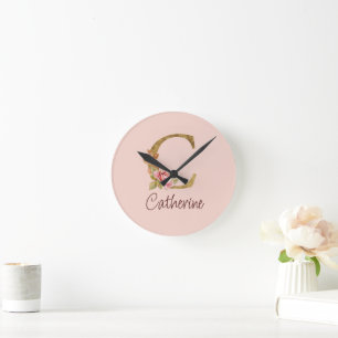 Individuelle Name Goldfolie Rosa Rose Letter C Runde Wanduhr