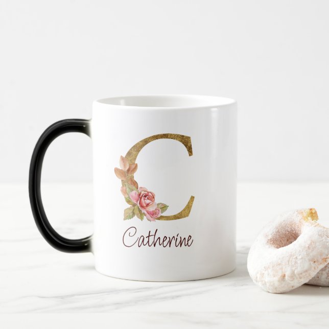 Individuelle Name Goldfolie Rosa Rose Letter C Verwandlungstasse (Mit Donut)